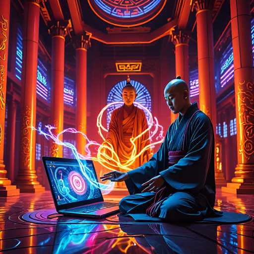 A serene, futuristic temple scene unfolds. A seated monk in traditional robes interacts with a glowing laptop displaying swirling digital energy, while a spectral, ethereal figure stands behind. The art style blends traditional Eastern aesthetics with vibrant digital elements, creating a mystical and technologically advanced atmosphere.