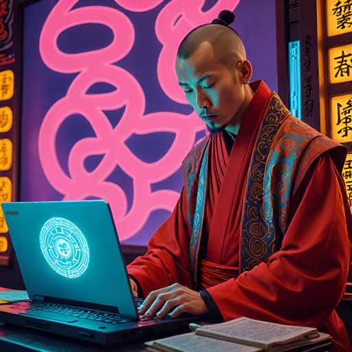 A person in a traditional red robe and black undergarment is intently working on a laptop with a glowing circular design on the screen. The person has a shaved head and is wearing a black earring. They are sitting at a dark desk with a stack of books in front of them. The background is a vibrant, neon-lit scene with swirling pink and purple patterns on a dark blue wall. The overall lighting is dim, highlighting the glowing elements of the laptop and background.