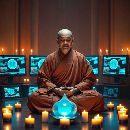 A man dressed in an orange robe is seated on a black surface with his hands folded in front of him. The man's eyes are closed and he appears to be meditating or deep in thought. Surrounding the man are several computer monitors arranged in a semi-circle, suggesting that this scene might be taking place in a workspace or a tech-oriented environment.