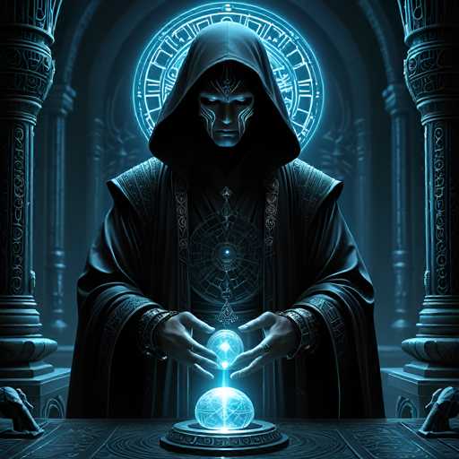 The image depicts a mysterious figure, possibly a sorcerer or wizard, standing in a dimly lit room. The figure is adorned in a black hooded robe with intricate designs, including a large circular pattern on the chest. His face is partially obscured by a mask, revealing only his eyes, nose, and mouth, which are highlighted by a blue light. He is holding a glowing blue crystal ball with both hands, which rests on a circular pedestal atop a table. Behind him, a large clock with Roman numerals is visible, surrounded by ornate columns. The overall atmosphere is dark and enigmatic, with the blue light from the crystal ball providing the primary illumination.