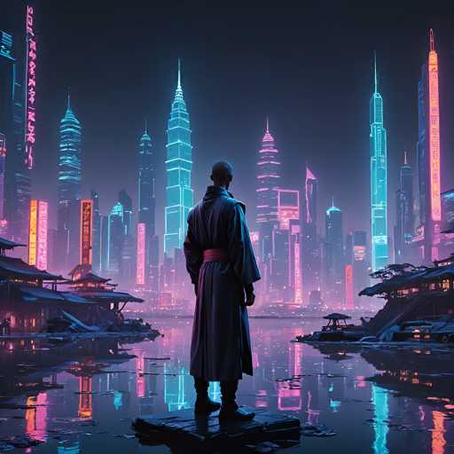 In this captivating image, a bald man stands on a small, black rock in the middle of a serene lake, gazing out at a futuristic city skyline. He is dressed in a long, dark blue robe with a red sash around his waist, and his hands rest at his sides. The skyline is dominated by tall skyscrapers adorned with neon lights in shades of pink, blue, and purple, with some buildings featuring Asian characters. The sky above is a deep blue, almost black, adding to the scene's mysterious ambiance. The city's vibrant colors are beautifully reflected in the calm water of the lake, enhancing the dreamlike quality of the image. On either side of the lake, there are traditional Asian-style buildings with black roofs, adding a contrasting cultural element to the futuristic cityscape.