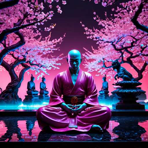 The image depicts a serene scene set against a backdrop of pink and purple hues, with cherry blossom trees in the background. The main subject is a figure dressed in traditional Japanese attire, seated on a rock or pedestal within this tranquil setting.