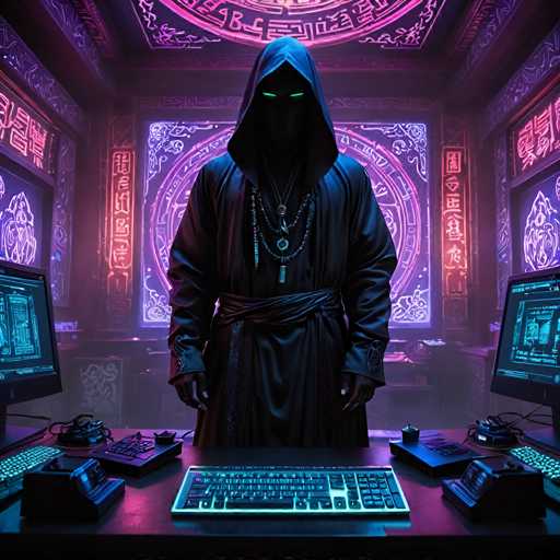 The image depicts a person wearing a hooded robe and holding a staff, standing in front of a desk with a keyboard and computer monitor on it. The background features a purple and blue neon sign that is illuminated by green lights, creating an otherworldly atmosphere.