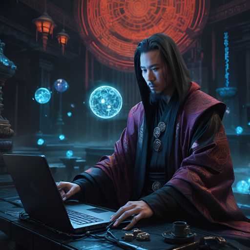 A man in a purple robe and black hood is intently working on a laptop in a futuristic, dimly lit room. He's surrounded by glowing orbs of energy and intricate technological devices. The scene has a mystical, cyberpunk aesthetic with a focus on advanced technology and ancient-looking elements.