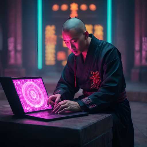 In this captivating image, a bald Asian man is seated at a wooden table, deeply engrossed in his laptop. He is dressed in a traditional black robe adorned with intricate red and orange Asian characters on the left side of his chest and along the sleeves. A black rope cinches his waist, adding to his dignified appearance. His hands rest on the keyboard of his sleek black laptop, which is illuminated by a mesmerizing pink and purple swirl of light on the screen. The man's head is slightly bowed, his gaze fixed intently on the laptop, suggesting a moment of focused concentration. The background is softly blurred, revealing a large window with a blue frame and a hint of a pink curtain. The room is dimly lit, with the primary light source emanating from the laptop, casting a gentle glow on the man's face and hands. The overall ambiance is one of quiet contemplation and technological engagement.