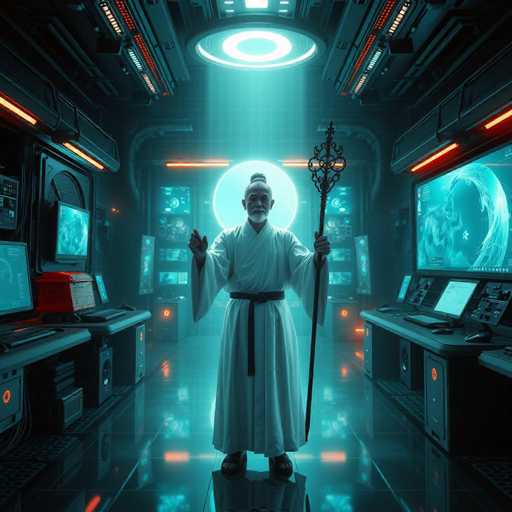 The image depicts a highly detailed, computer-generated scene of an elderly Asian man standing in the center of a futuristic, high-tech room. He is dressed in a traditional white robe with a black belt and wears sandals. His hair is styled in a bun, and he sports a white beard and mustache. The man holds a staff in his left hand, which is topped with a round, crown-like structure. Behind him, a glowing white orb illuminates the scene, casting a blue light that reflects off the shiny, black floor. The room is filled with numerous computer monitors and screens on both sides, displaying various images and diagrams. The ceiling features a circular light that further enhances the ethereal atmosphere of the space.