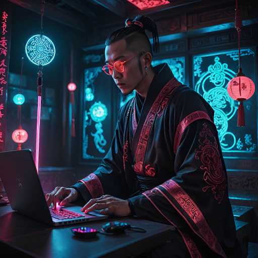 In this captivating image, a young Asian man is seated at a desk, deeply engrossed in his laptop. He is dressed in a striking black kimono adorned with intricate red designs, including a prominent red stripe running down the front and additional red patterns on the sleeves. His hair is styled in a man bun, and he sports vibrant red glasses that complement his attire. The man's hands rest on the keyboard of his laptop, which is illuminated by a pink light that casts a soft glow on his fingers. The desk in front of him is black, and a black mouse with a cord is positioned to his right. The background is a rich tapestry of dark hues, featuring a wall with a blue design and a window that emits a soft blue light. Adding to the ambiance, a red Chinese lantern hangs from the ceiling, casting a warm glow, while a blue Chinese lantern is visible on the left side of the image. The scene is further enhanced by a pink light that illuminates the top of the wall, creating a harmonious blend of colors and cultural elements.