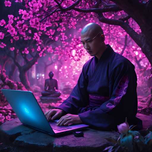 A serene, digitally-rendered scene depicts a bald man in traditional Japanese attire, seated cross-legged on a mossy stone platform. He is intently focused on a glowing blue laptop, his hands delicately typing. The setting is an ethereal, pink-lit garden with cherry blossom trees in full bloom, creating a dreamlike atmosphere. In the background, a serene Buddha statue sits on another stone platform, bathed in the soft glow of the surrounding light. The overall color palette is predominantly shades of purple and pink, with accents of blue from the laptop screen. The scene exudes a sense of tranquility and digital harmony, blending traditional aesthetics with modern technology in a visually captivating way.