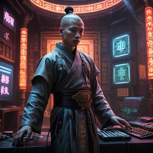 The image depicts a young Asian man, possibly Japanese or Chinese, standing in a futuristic room. He is dressed in a traditional gray kimono with a black belt and a gold buckle, adorned with gold lettering on the front. His head is shaved except for a small bun of hair on top, and he wears a small earring in his right ear. The man is positioned at a desk, with his right hand on a keyboard and his left hand on a mouse. The desk is cluttered with various electronic devices, including a laptop, a tablet, and numerous wires. Surrounding him are several screens displaying Asian characters, and the room is illuminated by a mix of orange and blue lights. Behind him, a large screen with a gold border and more Asian characters is visible, along with a circular light fixture. The overall scene suggests a blend of traditional and modern elements, possibly indicating a setting related to gaming or technology.