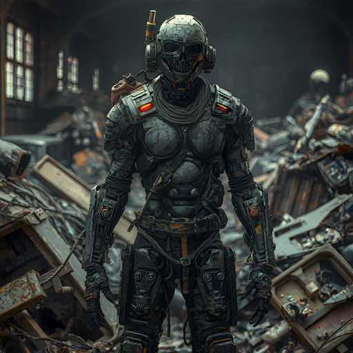 A highly detailed, photorealistic image of a heavily armored, robotic figure in a post-apocalyptic setting. The robot has a skull-like head with glowing orange eyes, a metallic body covered in intricate mechanical details and rust, and wears a worn, dark gray tactical suit. It's equipped with various technological components like glowing orange accents on its armor, a backpack, and what appears to be a weapon or device attached to its back. The robot stands amidst a chaotic pile of scrap metal, debris, and broken machinery, suggesting a ruined industrial or abandoned facility. The overall lighting is dim and atmospheric, with hints of light filtering in from the background through a window. The scene evokes a sense of post-apocalyptic dystopia and advanced technology.