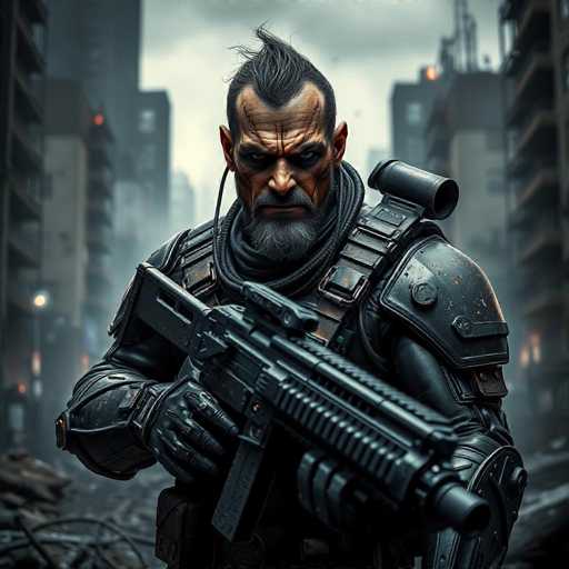 The image depicts a character from a video game, set against a backdrop of a futuristic cityscape. The character is a heavily armored man with a distinctive appearance. He has a mohawk hairstyle, with the sides of his head shaved, and his hair is black. His face is marked by deep wrinkles, particularly on his forehead, and he has a gray beard. His eyes are dark, and he wears a serious expression. 

The man is dressed in a black leather jacket and is holding a large, black gun pointed downward. He also has a black strap around his neck and a black glove on his right hand. His left arm is covered by a black sleeve. 

In the background, the sky is gray, and there are tall buildings on both sides of the image. The building on the right has a red light at the top, while the building on the left has a red light near its roof. The ground is littered with debris, including black wires and other trash, adding to the post-apocalyptic atmosphere of the scene.