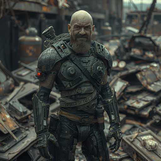 A man with a beard and mustache is standing in front of a pile of rubble that appears to be made up of various metal parts and other debris. The man is wearing a black suit and has a gun strapped across his chest.