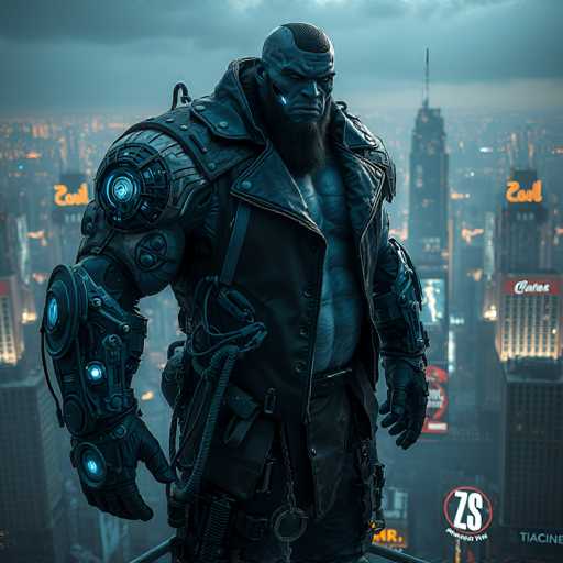 A colossal, heavily armored figure stands on a rooftop overlooking a futuristic cityscape. The figure is clad in dark, intricate cybernetic armor with glowing blue accents and a thick leather jacket. A large, muscular arm is prominently displayed, showcasing mechanical details and glowing components. The figure's face is stern, with a dark, textured skin tone and piercing eyes. The cityscape in the background is a vibrant mix of towering skyscrapers with neon lights, suggesting a bustling metropolis at night. The overall atmosphere is one of power and futuristic intensity.