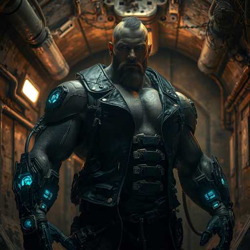 The image depicts a highly detailed, computer-generated scene of a muscular, white male character standing in a futuristic, industrial setting. The character has a distinctive appearance with a shaved head, except for a mohawk of dark hair, and a full beard and mustache. His piercing blue eyes add to his intense expression as he gazes directly at the viewer. He is dressed in a black leather vest that reveals his muscular chest and abdomen, which is adorned with three black straps across his torso. His arms are covered in black leather and metal, with glowing blue lights emanating from various parts of his body, including his gloves, shoulders, and forearms. The background features a metallic, tunnel-like environment with a curved ceiling and walls, illuminated by a yellowish light that casts an orange glow throughout the scene. The overall atmosphere is dark and industrial, enhancing the character's imposing presence.