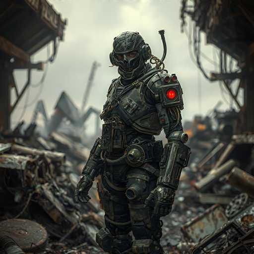 A highly detailed, photorealistic image of a heavily armored, futuristic soldier standing amidst the ruins of a destroyed industrial facility. The soldier is clad in dark, weathered armor with visible mechanical details and glowing red accents on the shoulder. They are equipped with a large, futuristic weapon held in their right hand and a backpack-like system on their back. The background is filled with twisted metal debris, broken structures, and a hazy, overcast sky, suggesting a post-apocalyptic or war-torn environment. The overall lighting is dim and atmospheric, emphasizing the gritty and desolate setting.