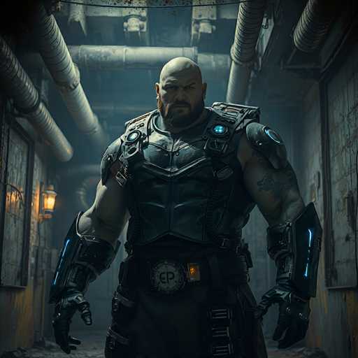The image depicts a highly detailed, computer-generated scene featuring a muscular, bald man with a thick beard and mustache, dressed in futuristic black armor. His attire includes a chest plate, shoulder pads, and a belt with a circular buckle displaying the letters "EP." He also wears black gloves with blue lights on the forearms. The man stands in a dimly lit, industrial corridor with concrete walls and floors, illuminated by a single lantern hanging on the left wall. The setting is cluttered with large pipes running along the ceiling and walls, adding to the gritty, dystopian atmosphere. The man's stern expression and imposing physique suggest he is ready for combat, enhancing the overall sense of tension and anticipation in the scene.