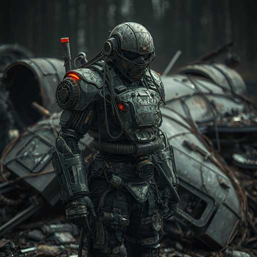 The image depicts a futuristic, possibly AI-generated scene featuring a heavily armored soldier standing in front of a crashed spaceship. The soldier is clad in a bulky, dark gray suit with intricate details, including a helmet that covers the entire face, leaving only narrow slits for the eyes. The suit is adorned with various tubes, wires, and glowing red lights, particularly on the chest plate and shoulder pads. The soldier's right arm is noticeably larger than the left, suggesting advanced cybernetic enhancements. Behind the soldier, the crashed spaceship is a dark gray, rusted mass of twisted metal, with its nose pointing to the left and the tail to the right. The background is blurred, hinting at a dense forest setting, adding to the overall mysterious and high-tech atmosphere of the scene.