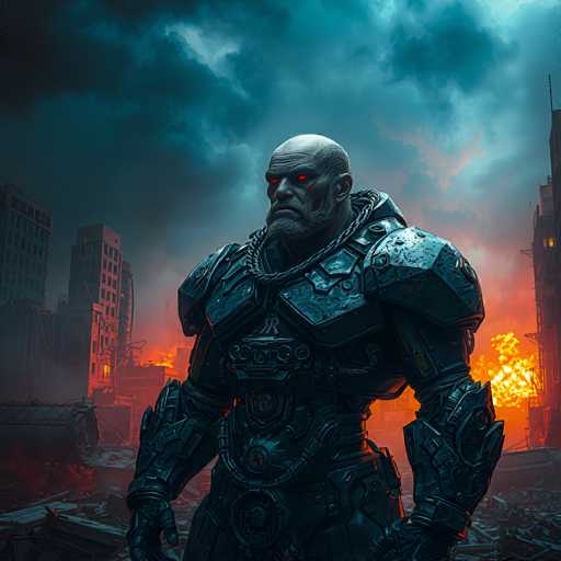 The image depicts a highly detailed, computer-generated scene of a massive, bald man with glowing red eyes and a thick beard, clad in intricate black armor that covers his entire body, including his shoulders, arms, and legs. He stands in the foreground, looking to the left, with a chain draped around his neck. The background reveals a devastated cityscape, with tall buildings on the left and right sides, many of which are partially destroyed. The sky is filled with dark, ominous clouds, and the ground is littered with debris. Flames and explosions are visible on the right side, casting an orange glow over the scene. The overall atmosphere is dark and foreboding, with the man's menacing presence adding to the sense of impending doom.