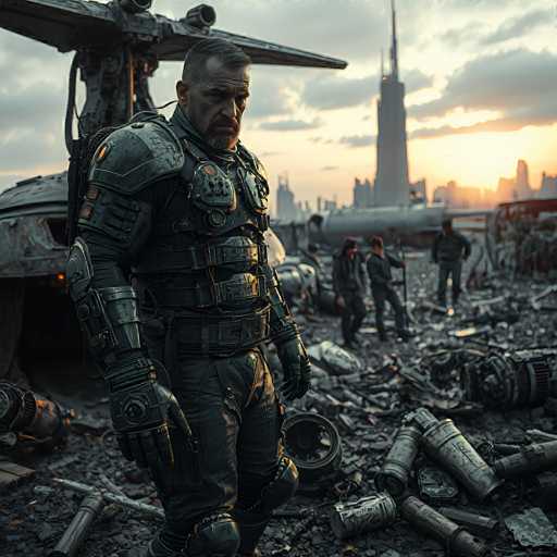 A heavily armored, grizzled soldier stands amidst a desolate, post-apocalyptic cityscape. The scene is dominated by a massive, damaged vehicle in the background and scattered debris, suggesting a ruined urban environment. The soldier's imposing figure is contrasted by the distant, silhouetted skyscrapers under a dramatic sunset sky. The art style leans towards a gritty, realistic depiction of a dystopian future.