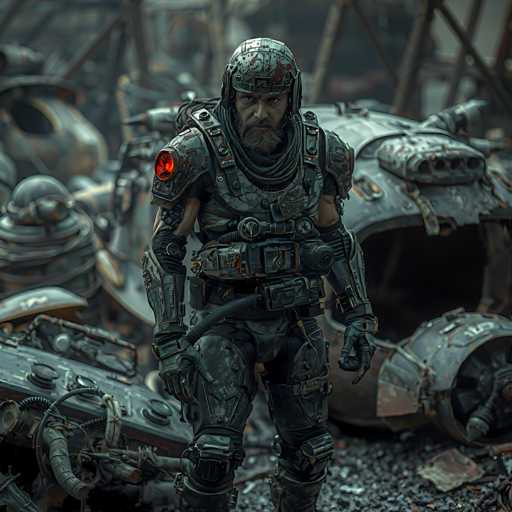 The image depicts a highly detailed, computer-generated scene reminiscent of a video game or a futuristic movie like Star Wars. At the center stands a man clad in intricate, dark gray and black armor, complete with a helmet that has a red light on the shoulder. His armor is adorned with various pieces, including a chest plate, knee pads, and a belt with multiple pouches. The man, who has a gray beard and mustache, is looking directly at the viewer with a stern expression. Behind him, the background is filled with rusted, broken-down machinery and vehicles, suggesting a post-apocalyptic or war-torn setting. The ground is littered with debris, and the overall atmosphere is dark and gritty, emphasizing the desolate environment.