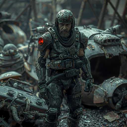 A man dressed in a full-body armor suit stands in front of a pile of rubble and debris, with his hands on his hips and a serious expression on his face. The scene is set against the backdrop of an industrial area, with various machines scattered around.