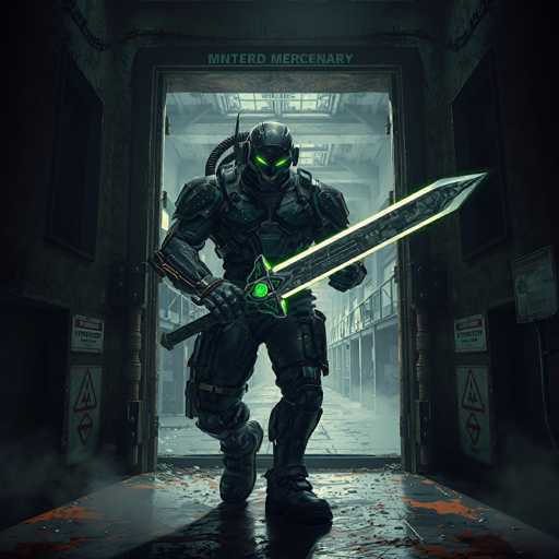 The image depicts a highly detailed, computer-generated scene featuring a futuristic soldier or mercenary. The character is clad in advanced, black battle armor that covers their entire body, including a helmet with glowing green eyes. The soldier is holding a large, illuminated sword with a green hilt and blade, which appears to be about six feet long. The setting is a dilapidated building with broken windows and scattered debris, suggesting a post-apocalyptic or war-torn environment. The soldier stands in a doorway labeled "Minter Mercenary," with additional signs on either side of the doorway. The floor beneath the character is black with orange paint splatters, adding to the chaotic atmosphere. The overall scene is dark and smoky, enhancing the sense of desolation and tension.