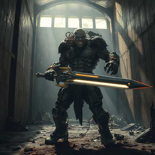 The image depicts a menacing, video game-style monster standing in a dilapidated room. The creature has a bald head and a grotesque face with sharp, yellow teeth bared in a menacing grin. Its eyes are black, and its body is covered in dark, armor-like scales. The monster's right arm is extended forward, gripping a large sword with a glowing yellow blade and a brown handle. Its left arm is bent at the elbow, with the hand positioned near its chest. The monster's legs are spread apart, and it wears black boots. The room around it is in disarray, with debris scattered across the floor and broken wooden planks leaning against the walls. Sunlight streams through a series of windows at the top of the room, casting a stark contrast between the illuminated areas and the shadowy corners. The overall atmosphere is dark and ominous, with the monster appearing ready to attack.