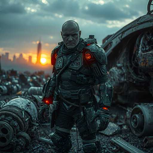 A lone, heavily armored figure stands amidst a desolate, post-apocalyptic cityscape. The subject is a cyborg warrior in dark, intricate armor with glowing orange accents, facing the viewer with a stern expression. The background features a ruined cityscape bathed in a dramatic sunset, with debris and mechanical wreckage scattered around. The overall art style is futuristic and gritty, emphasizing a sense of desolation and resilience in a dystopian world.