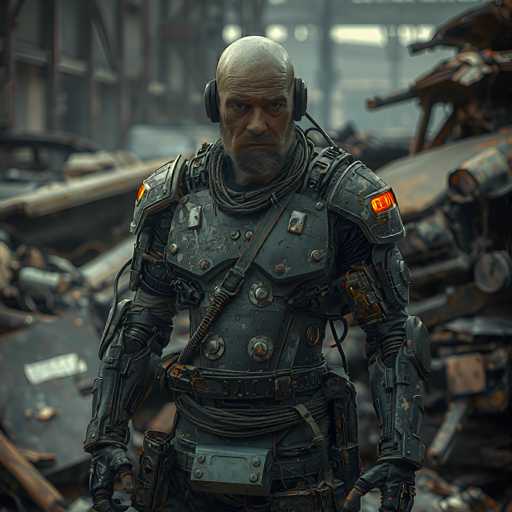 The image depicts a highly detailed, computer-generated scene of a futuristic soldier standing in a vast junkyard filled with rusted vehicles and machinery. The soldier, who appears to be in his 40s or 50s, is bald with a gray goatee and is wearing a high-tech exoskeleton suit that combines elements of armor and robotic features. His suit is primarily gray and black, with glowing orange lights on the shoulders and a chest plate adorned with various metal rivets and screws. He has a headset with a microphone extending to his mouth, and a wire runs from the headset down to his chest. The exoskeleton suit covers his entire body, including gloves, and he has a utility belt with a rectangular box attached to it. The background is blurred but reveals an assortment of rusted cars, trucks, and other metal debris, suggesting a post-apocalyptic setting. The soldier stands with his hands at his sides, looking directly at the viewer, giving the impression of a powerful and enigmatic presence in this desolate landscape.