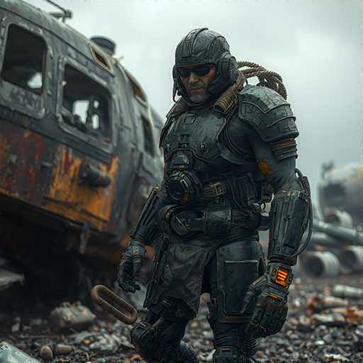 In this detailed image, a man clad in futuristic armor stands prominently in the foreground. His attire includes a helmet, black sunglasses, and a chest plate adorned with various pieces of equipment. He wears a belt around his waist and has a rope attached to his back. His right arm is encased in a robotic sleeve, while his left hand holds a large metal ring. The man's legs are also protected by armor, and he stands on a rocky surface.

To the left of the man, a large, rusted metal structure looms, resembling a damaged helicopter or plane. The aircraft is predominantly gray with patches of orange rust, and its windows are broken. In the background, a cloudy sky looms over the scene, adding to the desolate atmosphere. Scattered around the rocky ground are various pieces of debris, including metal fragments and other remnants of destruction.