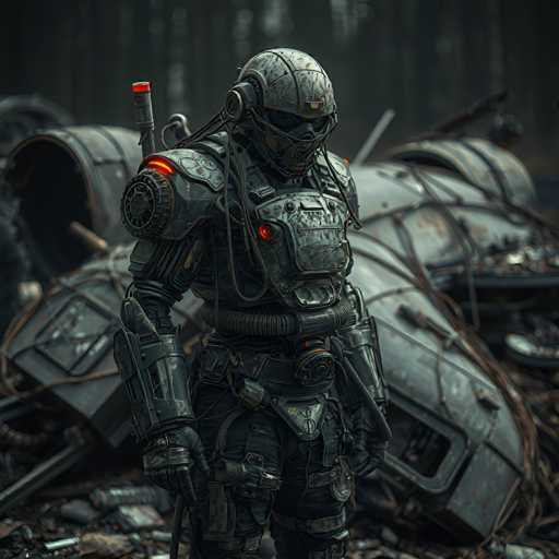 A person wearing a futuristic silver suit with red lights on their chest and helmet that has a large skull design on the front.