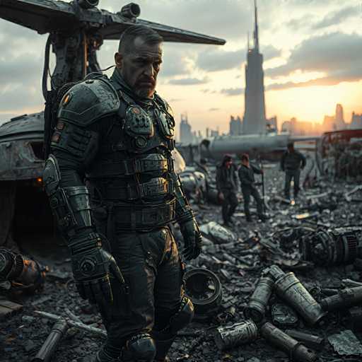 The image shows a man dressed in a futuristic suit standing on a pile of rubble and debris with the backdrop of a city skyline at sunset. The man is wearing a helmet that has a large camera attached to it, suggesting he might be involved in some form of photography or surveillance work.