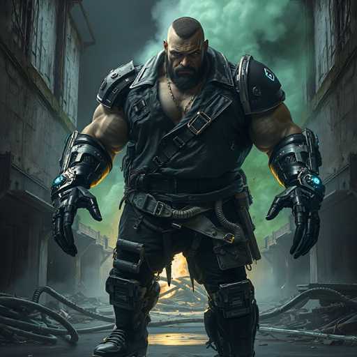 A heavily armored, muscular man stands in a desolate, futuristic alleyway. He's clad in dark, tactical-looking armor with glowing blue accents on his gauntlets and shoulder pads. His face is stern, with a thick beard and intense eyes. The alleyway is filled with debris – twisted metal pipes, broken structures, and a hazy green smoke in the background. The overall atmosphere is gritty, dystopian, and suggests a post-apocalyptic setting.