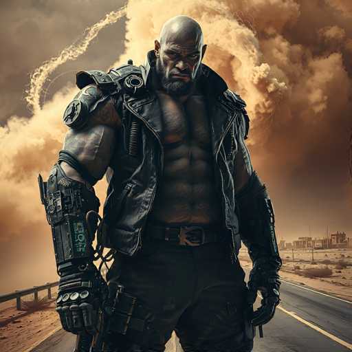 The image depicts a highly detailed, computer-generated scene of a muscular, bald man standing on a desolate, post-apocalyptic highway. He is wearing a black leather vest that reveals his well-defined chest and abs, paired with dark cargo pants and a black belt. His right arm is adorned with a mechanical exoskeleton, featuring a series of circular joints and a wrist guard with four circular lights. The man's face is characterized by a thick beard and mustache, and he has a stern, angry expression. The background showcases a barren landscape with sand and dirt, a metal guardrail on the left, and distant, dilapidated buildings under a sky filled with smoke and dust. The overall atmosphere is dark and foreboding, emphasizing the man's imposing presence against the bleak, post-apocalyptic setting.