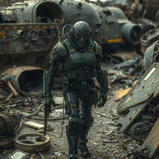 A detailed, highly realistic digital painting in a dark, gritty style depicts a lone, heavily armored figure walking through a desolate, post-apocalyptic landscape. The figure is clad in a dark, possibly black or charcoal, power armor with a skull-like helmet, suggesting a robotic or heavily modified human form. The armor is detailed with visible wear and tear, including scratches, dents, and rust, hinting at a harsh environment. The figure carries a futuristic weapon in one hand and appears to be navigating through a chaotic scene of wreckage. 

The background is filled with debris – twisted metal, broken machinery, and scattered components – all in muted grays and browns. The overall lighting is dim, with a single source of light casting dramatic shadows that emphasize the depth and scale of the destruction. The scene evokes a sense of isolation, desolation, and perhaps a post-apocalyptic or dystopian setting. The focus is sharp on the armored figure, drawing the viewer's attention to its solitary presence amidst the ruins. The overall mood is one of quiet desolation and a hint of mystery, leaving room for interpretation about the figure's purpose in this ruined world.