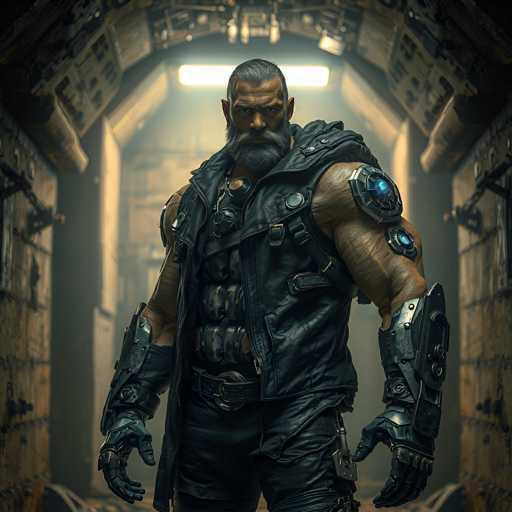The image depicts a highly detailed, computer-generated character that appears to be from a video game or animated movie. The character is a muscular man with a gray beard and short, slicked-back hair. He is dressed in a black leather vest and matching pants, with a black belt around his waist. His attire includes a chest plate adorned with various straps and buckles, and he has metal bracers on both arms. The character's right arm is notably larger than his left. He stands in a futuristic, metallic environment that resembles the interior of a spaceship or a high-tech facility, with a large doorway behind him and a light fixture above. The overall scene is dark and industrial, emphasizing the character's imposing presence.