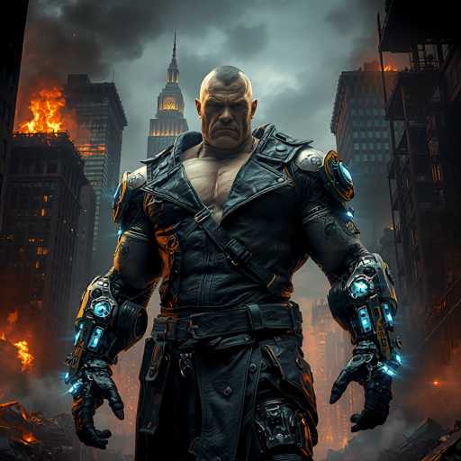 In this striking image, a formidable man stands at the center of a devastated cityscape. He is a muscular figure, with a bald head save for a distinctive black mohawk running down the middle. His intense gaze is directed straight at the viewer, exuding a sense of determination and strength. He is clad in a black leather jacket, which is open to reveal his chiseled chest, and a black belt cinches his waist. His arms are covered in black leather gloves, adorned with blue lights that emanate from the wrist area, adding a futuristic touch to his appearance. The backdrop is a chaotic scene of destruction, with buildings engulfed in flames and billowing smoke that casts an ominous gray hue over the sky. The overall atmosphere is one of chaos and desolation, highlighting the man's resolute stance amidst the turmoil.