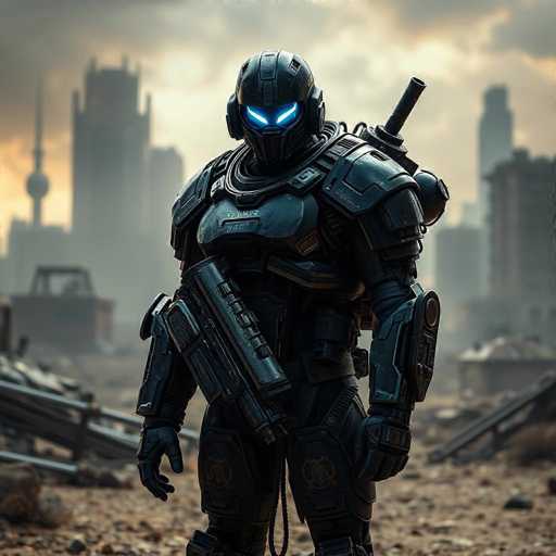 A futuristic, heavily armored soldier stands in a desolate, post-apocalyptic cityscape. The soldier is clad in dark, sleek armor with glowing blue accents on the helmet's visor and chest plate. They are holding a large, futuristic weapon in their left hand and have a backpack-mounted weapon on their right shoulder. The background shows a ruined cityscape with crumbling buildings and debris, shrouded in a hazy, muted atmosphere. The overall lighting is dim, suggesting a twilight or overcast day. The soldier's posture is upright and resolute, conveying a sense of readiness and perhaps isolation in this desolate environment. The image has a digital art style, with sharp details and a slightly desaturated color palette.