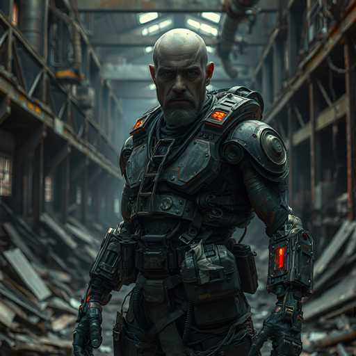 The image depicts a highly detailed, computer-generated scene of a futuristic, post-apocalyptic setting. At the center stands a bald man with a gray goatee, dressed in an intricate, dark gray and black exoskeleton suit that appears to be made of metal or plastic. The suit features glowing red lights on his shoulders and forearms, adding to its high-tech appearance. He is also wearing black gloves and a utility belt with various pouches and straps, suggesting he is prepared for survival in this harsh environment.

The man is positioned in a long, narrow hallway that resembles a warehouse or industrial corridor. The hallway is cluttered with debris and trash on the floor, and its sides are lined with rusted pipes, metal bars, and other industrial elements. The ceiling is adorned with additional pipes and skylights that allow some natural light to filter through, casting a dim glow on the scene. The overall atmosphere is dark and gritty, emphasizing the desolate and abandoned nature of the setting.