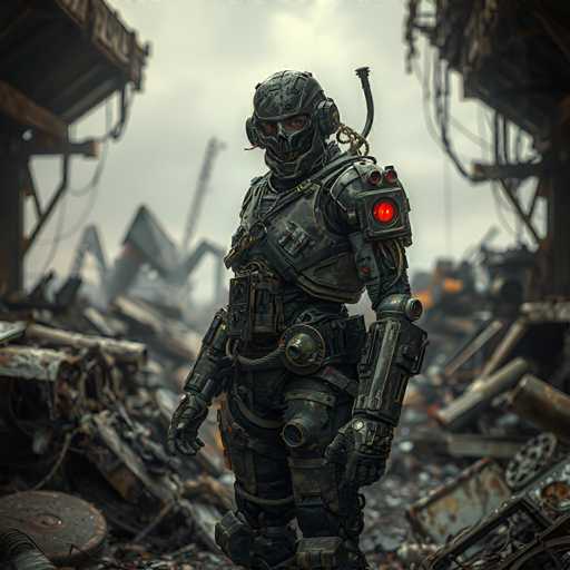 A robot with a skull and crossbones helmet stands amidst rubble and debris in an industrial setting. The robot is wearing a black suit that includes a red light on the chest and a gun attached to its shoulder.
