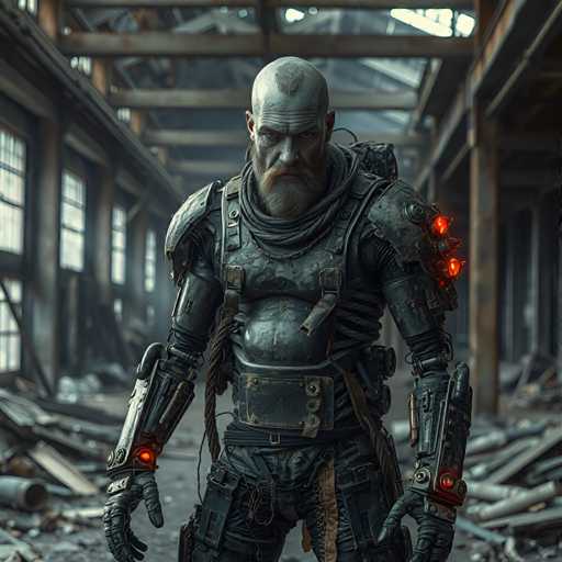 A man with a white beard and a bald head is standing in an industrial setting, wearing a black suit that appears to be rusted or corroded. He has a backpack on his back and is holding a gun in one hand while the other hand is raised in front of him as if ready for action. The background shows a large building with multiple windows and pipes running along the walls, suggesting an industrial environment.