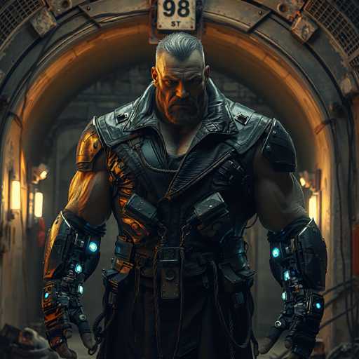 The image depicts a highly detailed, computer-generated character that appears to be from a video game or animated movie. The character is a large, muscular man with a stern, angry expression, characterized by his short, slicked-back gray hair and a thick beard. He is dressed in a black leather vest with a high collar, which is unzipped to reveal a black shirt underneath. His arms are adorned with black leather bracers that feature glowing blue lights, and he has additional straps and pouches on his chest and waist, suggesting he is equipped for combat. The background shows a gray stone wall with an arched doorway, and a sign above it reads "98th Street" in black text on a white background. The setting appears to be a dark, industrial or futuristic environment, with a metallic, gray aesthetic.