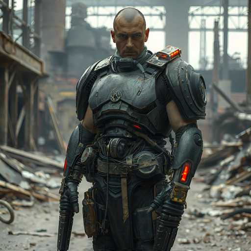 A highly detailed, photorealistic image of a heavily armored cyborg warrior standing in a desolate, industrial environment. The cyborg is clad in dark, weathered armor with visible mechanical components and glowing red accents on the shoulder pads and gauntlets. The armor appears to be made of a dark, possibly metallic material with a slightly rough texture, suggesting wear and tear. The cyborg has a bald head and a stern, focused expression, looking directly at the viewer with intense eyes. 

The background is an industrial wasteland, filled with piles of scrap metal, broken machinery, and debris. The overall color palette is muted, dominated by grays and browns with hints of rust and dust. The lighting is dim, casting shadows that emphasize the cyborg's imposing figure. 

The image has a futuristic, dystopian aesthetic and evokes a sense of power, resilience, and perhaps isolation. The cyborg's posture is confident and ready, suggesting a readiness for action or confrontation.
