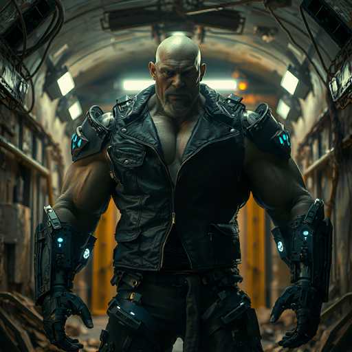 A powerful, bald man in a futuristic, heavily armored outfit stands in a dimly lit, industrial tunnel. The man is muscular and has a stern expression, his eyes focused forward. He's wearing a dark leather jacket with intricate metallic details and glowing blue accents on his shoulder pads and gauntlets. His arms are large and defined, suggesting strength. The tunnel is filled with exposed pipes, wires, and metal structures, giving a sense of a gritty, dystopian environment. The lighting is uneven, with bright light sources illuminating parts of the tunnel while leaving other areas in shadow. The overall mood is intense and dramatic, emphasizing the man's imposing presence within the industrial setting.