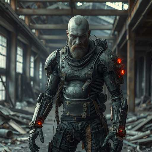 The image depicts a highly detailed, computer-generated scene of a futuristic, post-apocalyptic setting. At the center stands a formidable, middle-aged man with a bald head, except for a distinctive mohawk-like patch of hair on top. His face is marked by deep wrinkles on his forehead, a thick mustache, and a full beard. He wears a complex suit of armor that combines elements of leather and metal, with various straps and buckles. His arms are covered in metallic armor, featuring glowing red lights on his wrists and shoulders, and he wears black gloves. The man stands in a dilapidated warehouse or factory, surrounded by rusted metal beams, broken windows, and scattered debris. The environment is dark and gray, with a sense of desolation and decay, illuminated by the eerie glow of his armor.