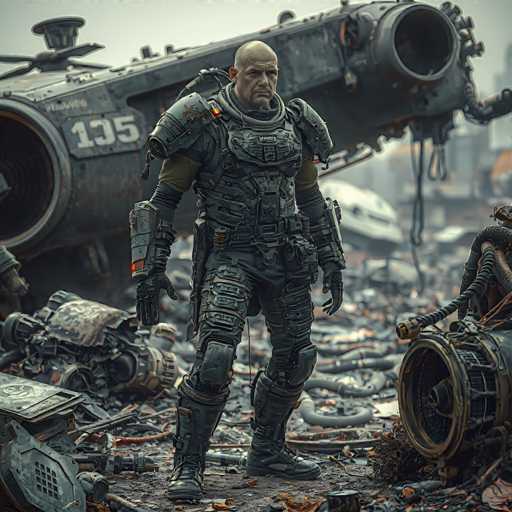 In this detailed image, a man stands amidst the wreckage of what appears to be a crashed spaceship or advanced aircraft. The spacecraft, predominantly black with the number "135" emblazoned in white on its side, lies on its side, suggesting a severe impact. The man, who is bald and dressed in a futuristic, dark gray suit that resembles armor, stands confidently with his hands at his sides. His suit features a helmet-like apparatus around his neck, and he wears black gloves. The surrounding debris includes various metal parts, cables, and what looks like a jet engine in the bottom right corner. The background is filled with more wreckage, including a piece of a wing with a propeller, adding to the chaotic scene. The overall setting evokes a post-apocalyptic atmosphere, with the man appearing ready to face whatever challenges lie ahead.