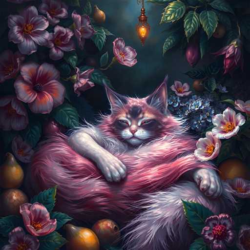 This detailed painting depicts a serene, fantasy-like scene centered around a majestic cat. The cat, with its striking blue eyes and a blend of white, pink, and brown fur, is curled up in a cozy, almost human-like pose. Its long, fluffy fur and pointed ears add to its regal appearance. The cat's paws are tucked in, with one resting on its chest and the other on its leg, giving it a relaxed yet alert demeanor.

Surrounding the cat is a lush array of vibrant flora. To the left, a cluster of pink flowers blooms amidst green leaves, while to the right, a mix of blue and white flowers adds a splash of color. Below the cat, a variety of fruits, including pears and peaches, are scattered, enhancing the scene's abundance. Above, a glowing lantern hangs from a branch, casting a warm light that illuminates the cat's face and the surrounding area.

The background is a deep, dark blue, almost black, which contrasts beautifully with the bright, colorful elements in the foreground. This dark backdrop makes the cat and the surrounding flowers and fruits stand out even more, creating a captivating and dreamlike atmosphere.