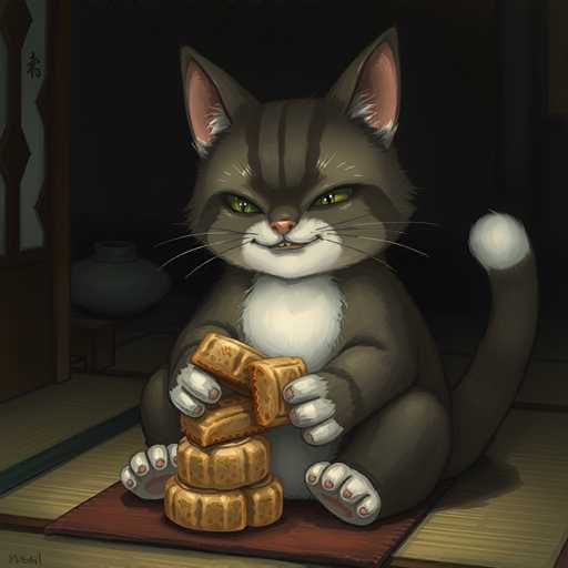 This detailed illustration depicts a cartoonish cat with a mischievous expression, sitting on a wooden mat. The cat, predominantly gray with black stripes, has a white chest, white paws, and a white-tipped tail. Its green eyes are squinted, giving it a sly look, and its mouth is slightly open, revealing two small teeth. The cat is holding a stack of rectangular brown cookies, with one cookie in its paws and the rest stacked in front of it. The background is dark, with a faint outline of a lamp and a doorway visible on the left side. The image is signed in the bottom left corner, though the signature is not legible.
