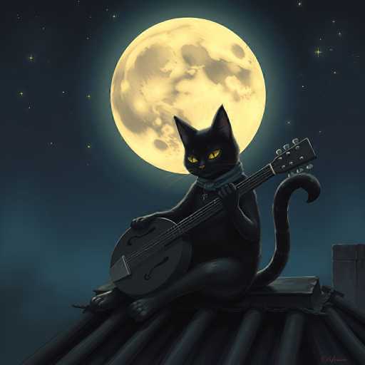 In this captivating illustration, a black cat with striking yellow eyes sits gracefully on a rooftop, strumming a banjo. The cat's tail elegantly curls around the edge of the roof, adding a dynamic touch to the scene. The rooftop itself is detailed with visible shingles and a chimney, providing a realistic backdrop. The night sky is a deep, dark blue, adorned with twinkling stars that create a serene atmosphere. A large, luminous moon dominates the background, casting a soft glow over the entire scene. The cat's posture is relaxed yet poised, with one paw gently resting on the banjo's neck and the other on its body, perfectly capturing a moment of tranquil musicality.