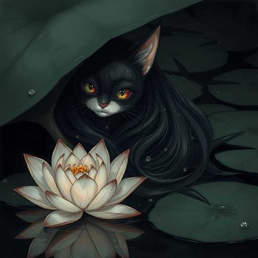 This captivating image features a black cat with striking orange eyes, partially concealed beneath a large, dark green lily pad. The cat's long, flowing fur cascades around it, creating an enchanting contrast against the dark, almost black water. Its face, adorned with a white muzzle and pink ears, peeks out from the shadowy lily pad, giving the impression of a mysterious and ethereal creature. In the foreground, a delicate white water lily with a vibrant yellow center floats gracefully, its reflection shimmering on the water's surface. The scene is dotted with glistening water droplets, adding to the serene and mystical atmosphere. The cat's intense gaze is directed towards the viewer, creating a sense of connection and intrigue in this beautifully detailed and atmospheric composition.
